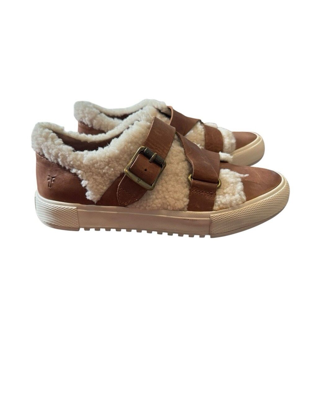 Frye Gia Moto Shearling Leather Sneakers Womens 8 Brown Buckle Low Top